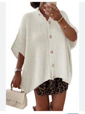 Ivory Button-Front Knit Cape Cardigan Sz S